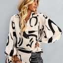 Womens Button Down Shirts Print Boho Blouses Floral Long Lantern Sleeve Top (Beige, L)