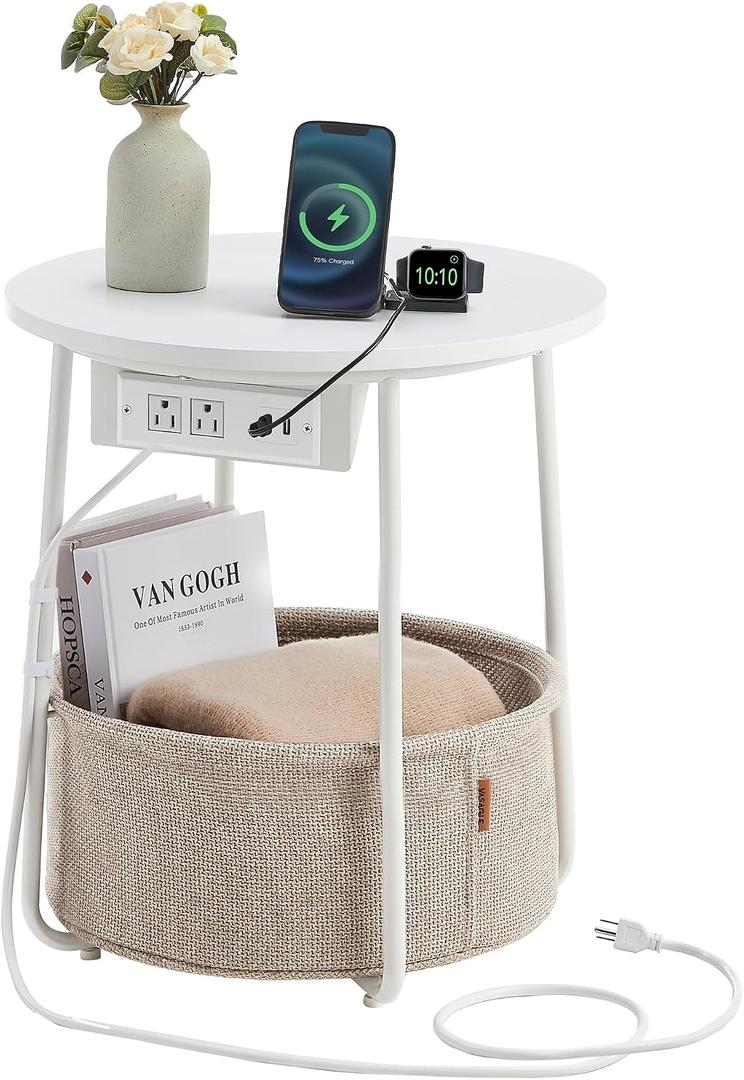 VASAGLE LILEA Collection - Side Table with Charging Station, Round End Table with Fabric Basket, Nightstand with USB Ports, for Living Room, Bedroom, Modern, Matte White and Camel Brown ULET228W01, Without LED light