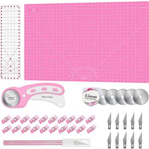 Rotary Cutter Set Pink- Quilting Kit incl. 45mm Fabric Cutter, 5 Replacement Blades, A1 Cutting Mat, Acrylic Quilting Ruler and Sewing Clips, Craft Knife Set, Ideal for Crafting, Sewing, Patchworking