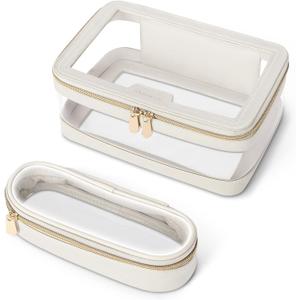 Travel Clear Makeup Bag with Makeup Brush Bag, Leather Makeup Case Toiletry Bag, Portable Cosmetic Bag Case, Transparent Waterproof Cosmetic Organizer Storage Bag for Women, Medium, Off-White