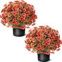 17" Artificial Flowers Topiary - 2 Set for Outdoor Fall Decoration,Faux Petunia with Fake Eucalyptus Potted Plants for Outside Front Door Garden Farmhouse Home Thanksgiving Autumn Decor (Orange)
