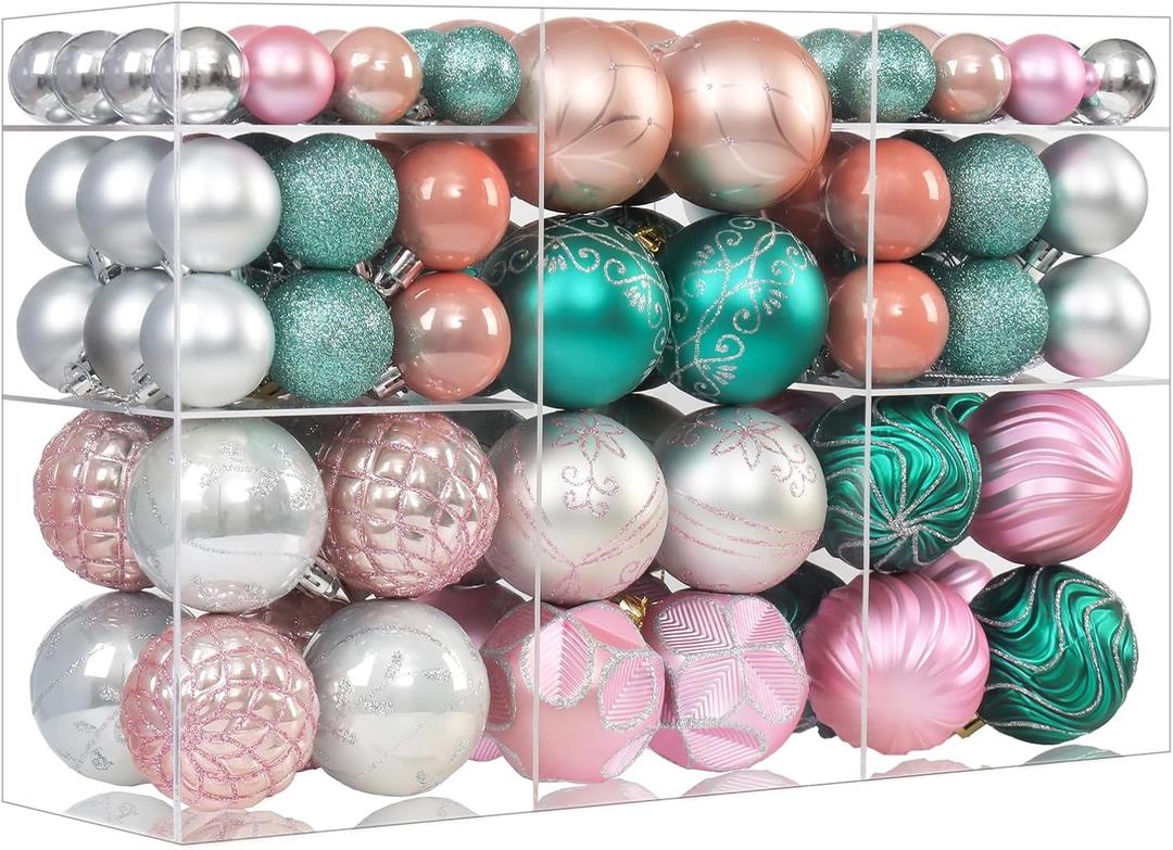 100pcs Pink & Green Christmas Balls Ornaments Set, Shatterproof Plastic Christmas Tree Decorations Elegant Multicolor Hanging Ornaments Bulk Indoor Decorations for Holiday Wedding Party (Pink&Green)