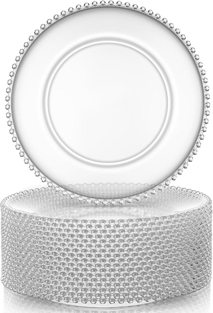 Hoolerry 12 Pcs Clear Charger Plates Bulk 13 Inch Plastic Round Dinner Plate with Beaded Rim Acrylic Round Plates Decorative Charger Service for Home Birthday Wedding Party Events Table Decor