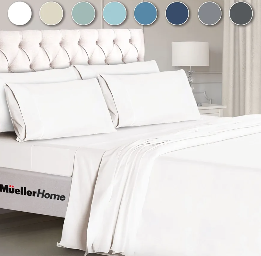 Mueller Ultratemp King Size Sheets Set, Super Soft 1800, 6 Piece, Deep Pocket up to 16" Cooling Sheets King Size, Transfers Heat, Breathes Better, Hypoallergenic, Wrinkle, White