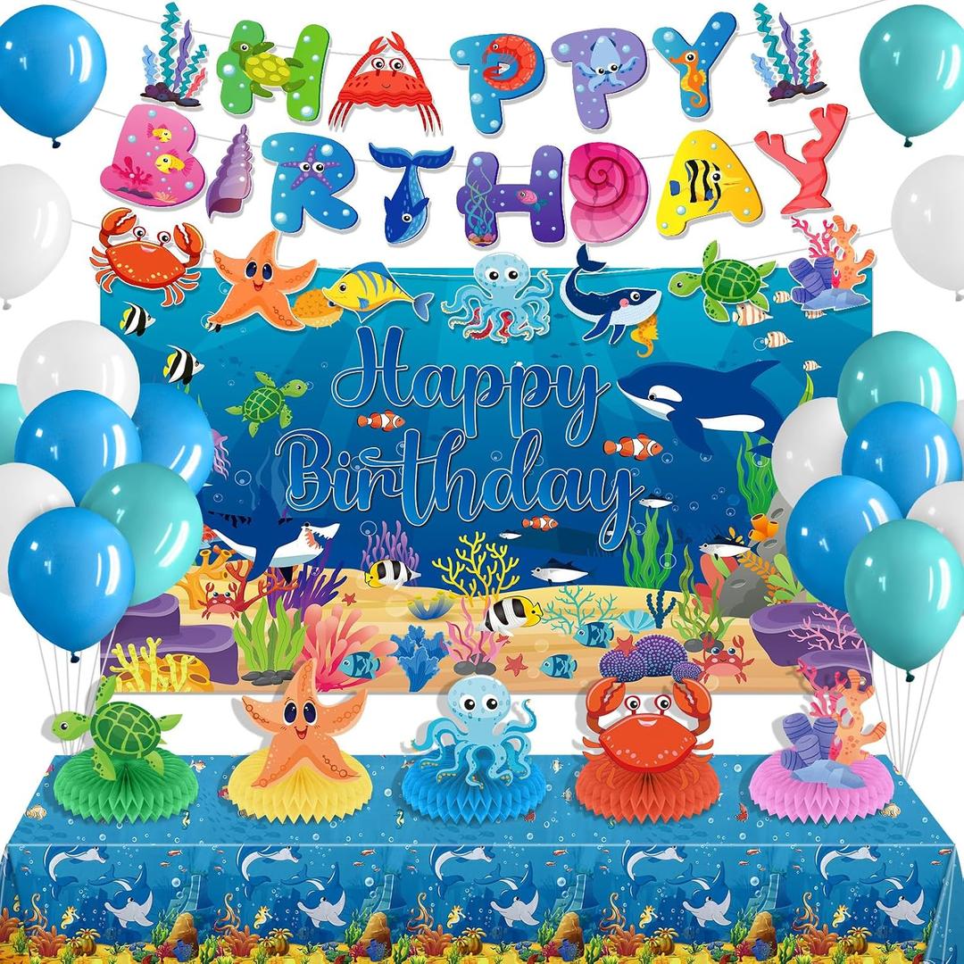 Under the Sea Birthday Party Decorations Ocean Animal Birthday Banner Backdrop Balloons Sea Animals Centerpiece Shark Sea Creatures Tablecloth for Kids Underwater Tropical Bday Baby Shower