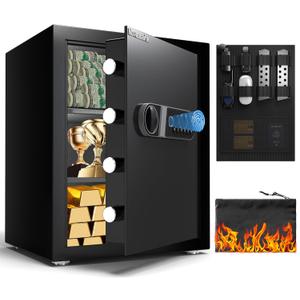 Biometric Safe, 2.0 Cu ft Fingerprint Home Safe Box with Fireproof Waterproof Bag & Key, Security Money Safe for Cash, Jewelry, Valuables, Digital Electronic Keypad, Dual Alarm System