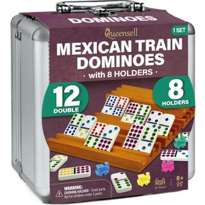 Queensell Mexican Train Dominoes Set with 8 Holders - Wooden Hub and Tiles Holders - Double 12 Tiles with Dots (D12 + 8 Holders)