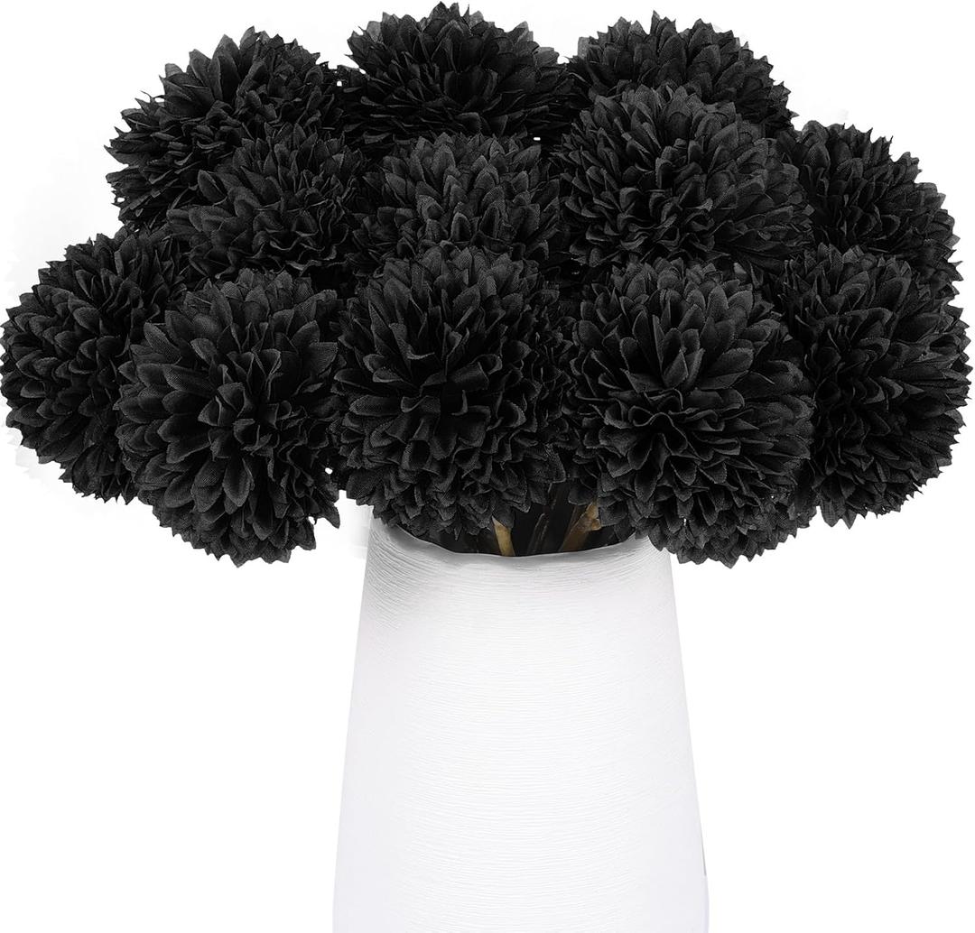 Rowfad 12 Pcs Black Artificial Chrysanthemums Flowers Silk Fake Mums Flowers for Halloween Ghothic Wedding Table Centerpiece Christmas Home Decor (12, Black)