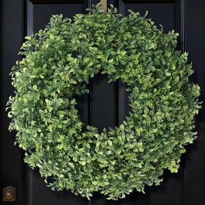 26" Artificial Boxwood Wreath for Front Door - Large Faux Aglaia Odorata Wreath, Fake Eucalyptus Leaves Plants for Wall Window Farmhouse Outdoor Decor - Spring, Summer, All Seasons (Green)