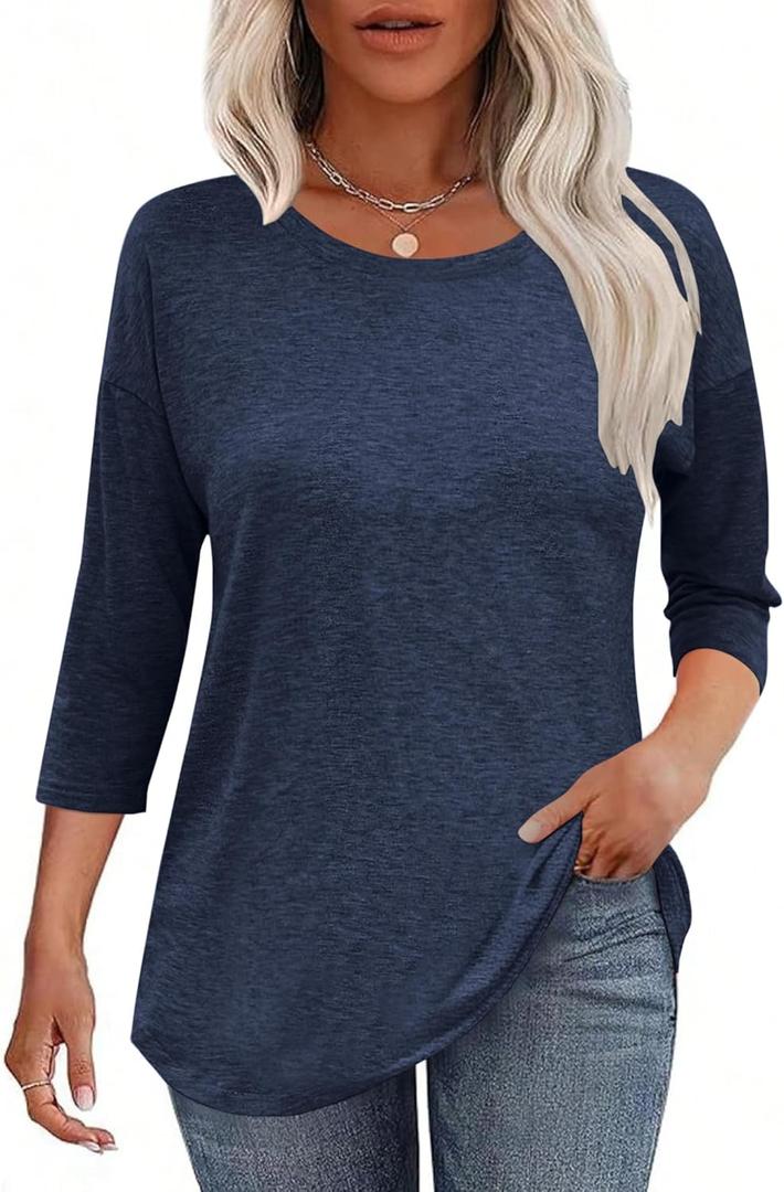 Kancystore Womens 3/4 Length Sleeve Tops Casual Loose Fit Tunic Shirts Crewneck Basic Tees (Blue)