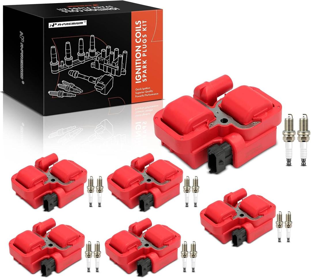 A-Premium 6x Ignition Coil Pack and 12x Iridium Spark Plugs Compatible with Mercedes-Benz C240 2001-2005, C280 1998-2000, C320 2001-2005, E320, SLK320, CLK320, ML320, ML350 & Chrysler Crossfire (Red)