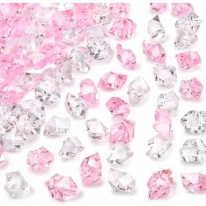 DomeStar Fake Ice, 150PCS Acrylic Fake Diamonds Vase Fillers Pink and Transparent Rocks Plastic Gems for Party Table Scatter Decor