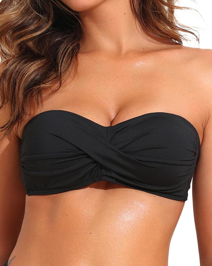 Tempt Me Women Twist Bandeau Bikini Top Strapless Swimsuit Top Only (Large, Black)