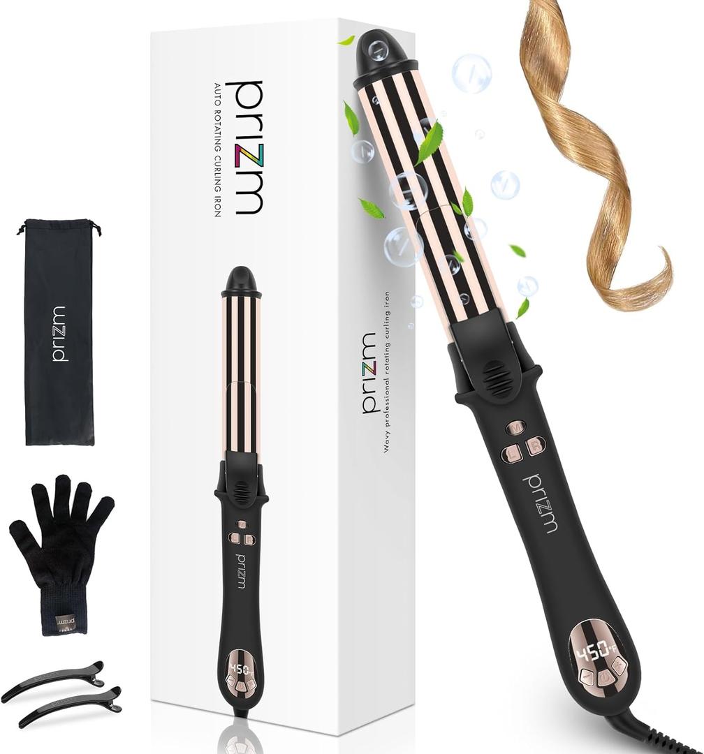 Rotating Curling Iron 1.25inch, Prizm Professional 32mm Automatic Self Spinning Curling Wand, Negative Ionic, 11 Temp Max 450F, Travel Dual Voltage