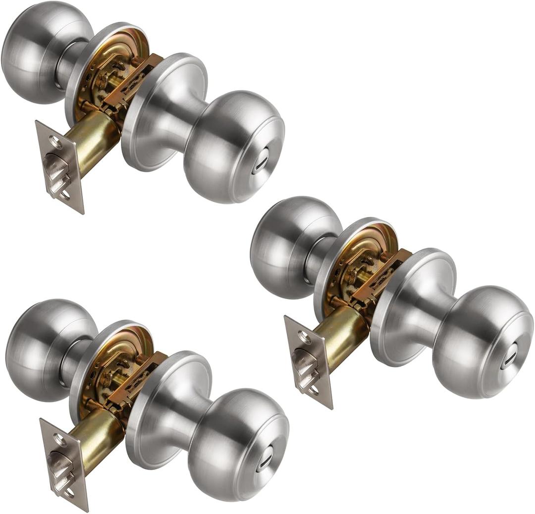 3 Pack Brushed Nickel Door Knobs Interior,Bath & Bed Privacy Door Knob, Keyless Door Lock Round Doorknobs