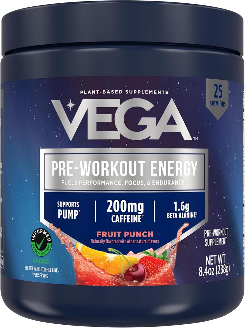 Vega Pre-Workout - 200mg Caffeine, Energy & Focus, Fruit Punch, 25 Servings, 1.6g Beta Alanine, 6g Citrulline Malate, Energy & Focus Drink Mix, Vegan, Gluten-Free, Dairy Free, No Sugar Added, 8.4oz, Best By Dec.20, 2026