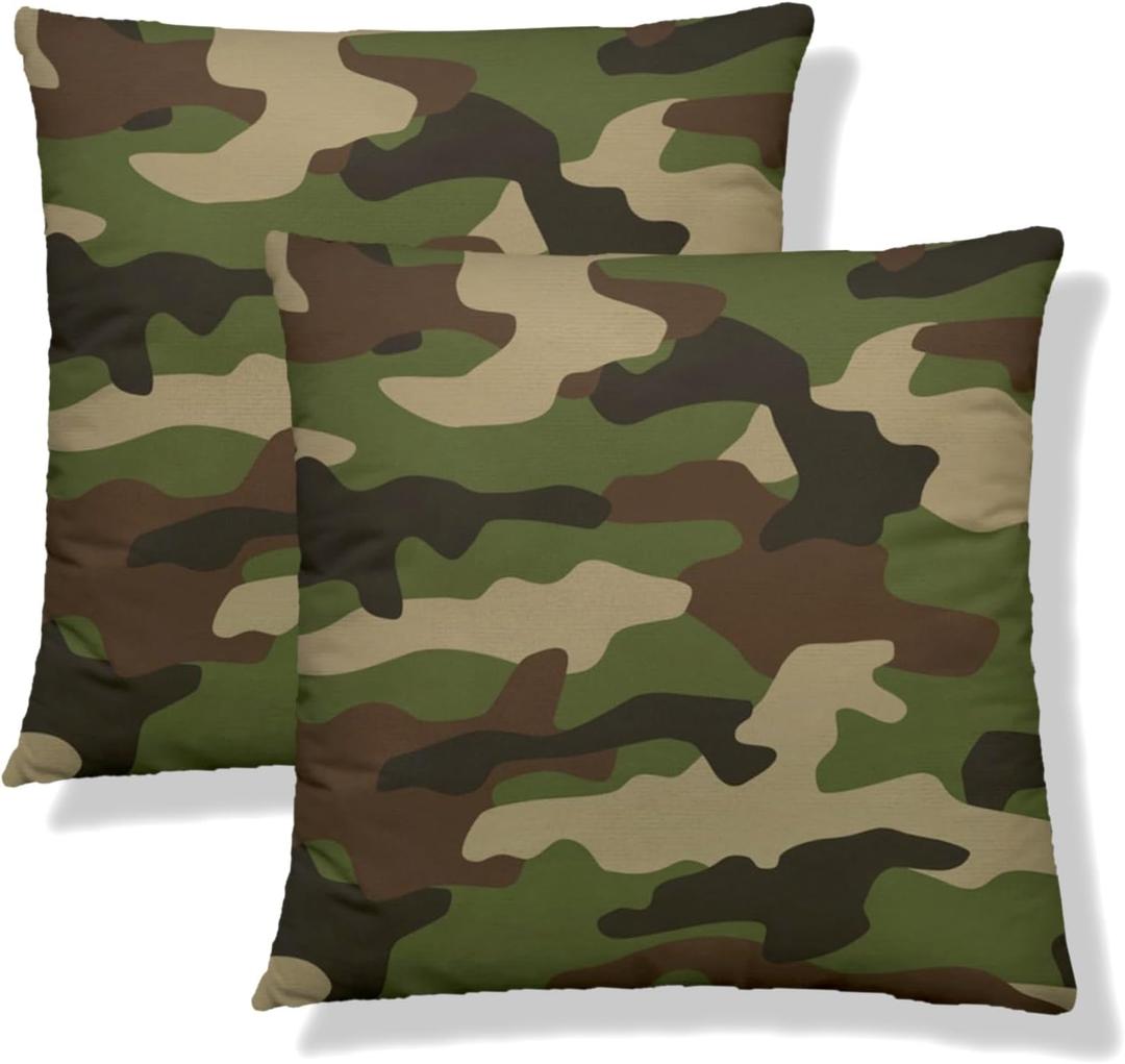 Camo Throw Pillow Covers 18x18 Set of 2 Camouflage Short Plush Pillows Case Green Brown Square Cushion Cover Decorative Pillowcases for Couch Bed