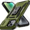 DEERLAMN Case for iPhone 13/iPhone 14 6.1-Inch with Slide Camera Cover+Screen Protector(2 Packs),Rotated Ring Kickstand Military Grade Shockproof Protective Cover-Olive Green