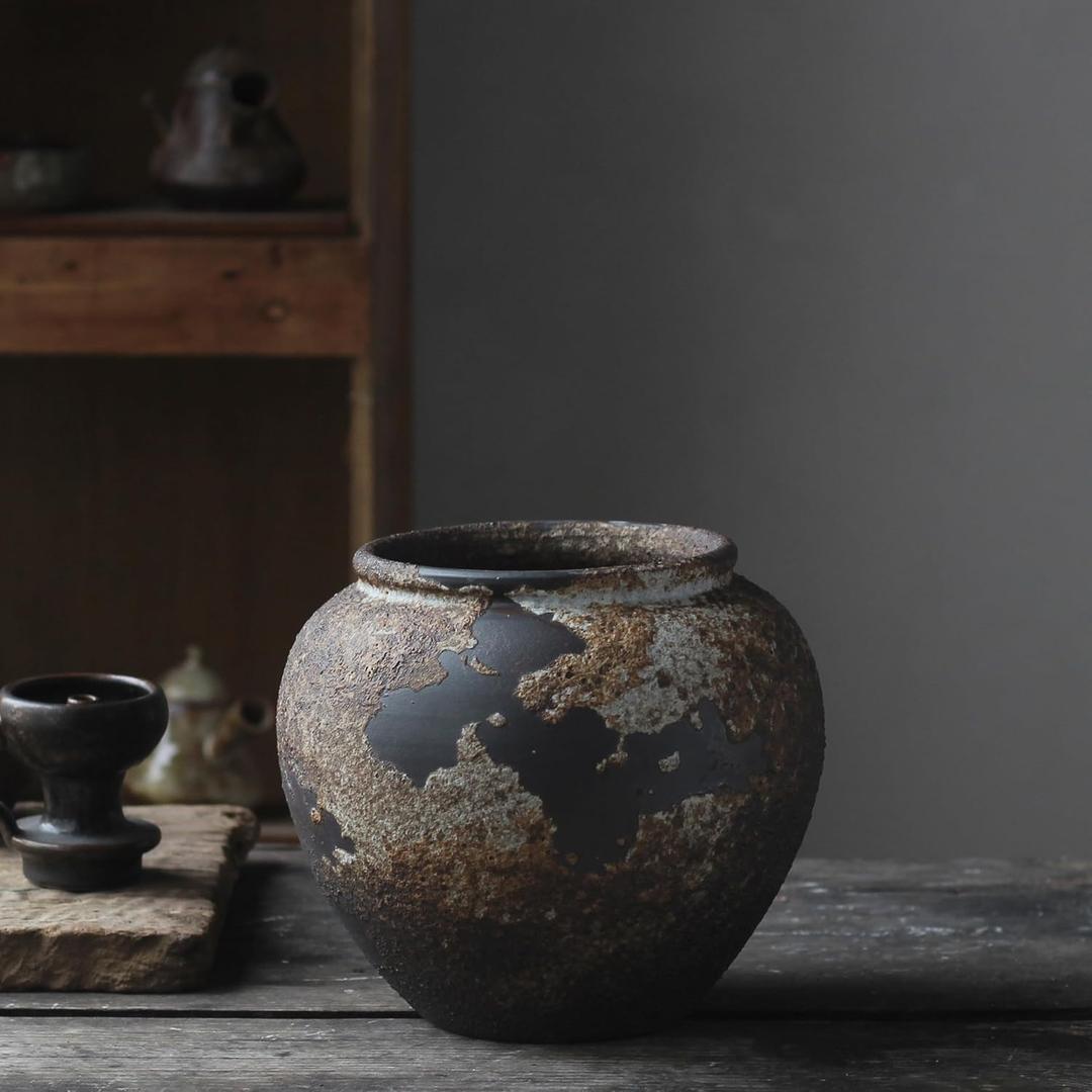 Denique Rustic Vase for Home Decor, Farmhouse Terracotta Vases, Large Ceramic Vase for Living Room Decor, Black Pottery Vase Large Clay Vase, Rustic Farmhouse Tabletop Decor(A-20cm) (A-7.87inch Height)