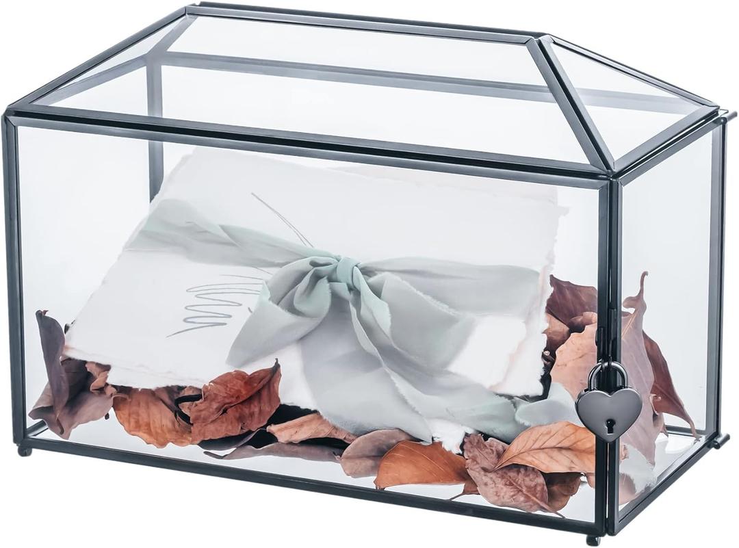 NCYP 12.6" x 5.9" x 9" Wedding Glass Cards Box with Slot and Lock, Thanks Card Holder for Keepsake, Envelops, Reception, Decorative, Silver (Glass Box Only) Slot Length 7.3 Inches