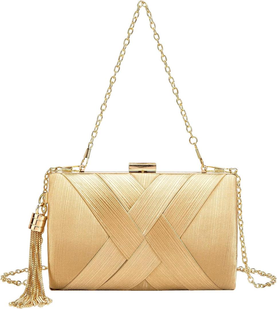 LETODE Women's Elegant Tassel Pendant Silk Evening Bag Clutch Purse for Bride Wedding Prom Night Out Party (Gold)