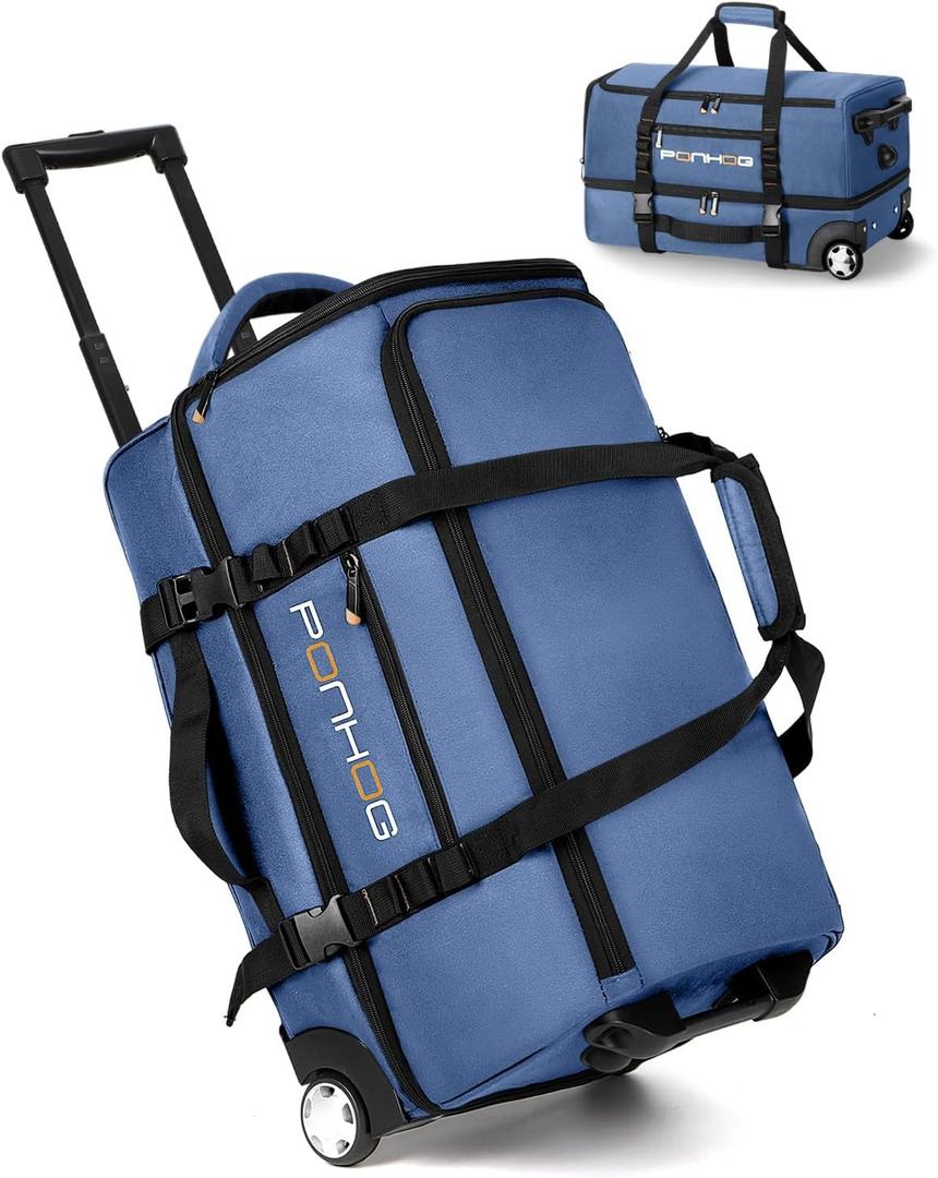 Ponhog 25 Inch Duffle Bag with Wheels for Men - Water Resistant Wheeled Duffle Bag for Weekend Travel & Overnight Trips, Blue