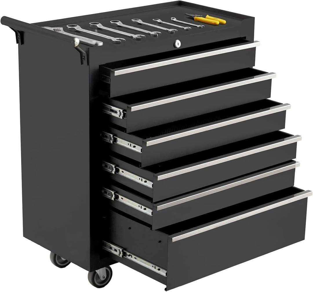 GarveeHome 6-Drawer Tool Chest, Rolling Tool Box with Wheels and Lock System, Portable Storage Rolling Tool Chest for Warehouse, Workshop & Repair Shop, Black