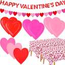 Valentine's Day Party Supplies Set for 48 Guests  Romantic HeartShaped Disposable Plates & Napkins with LoveThemed Plastic Tablecloth & Banner  Valentines Day Party Decorations