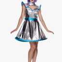 EraSpooky Women's Sexy Space Alien Costume Vintage Adult Shiny Metallic Medium