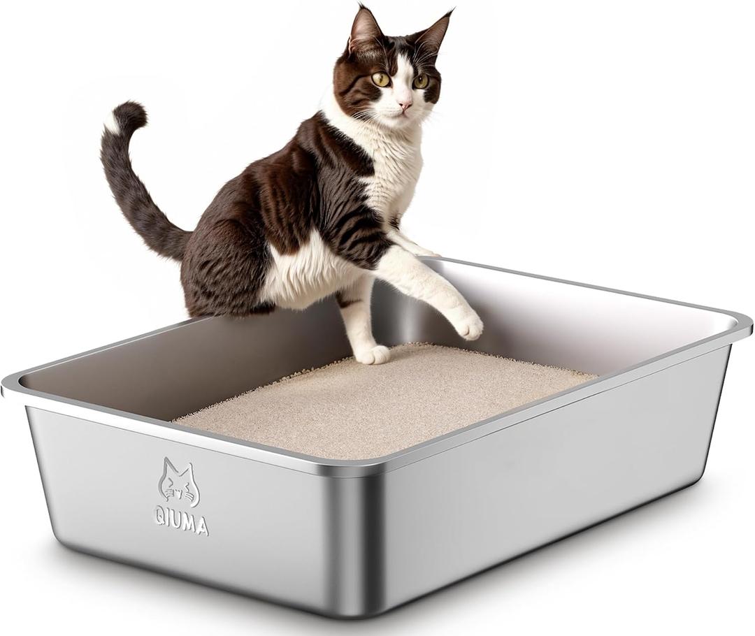 Qiuma Stainless Steel Metal Litter Box, Extra Large Cat Litter Box with High Sides, Odor-Free, Non-Stick, Easy to Clean, 23.4"15.6"7.8", Ideal for Large Cats & Multi-Cat Households, Litter Tray