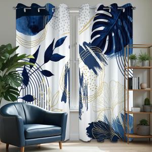Boho Navy Blue Leaf Blackout Curtains, Bohemian Mid Century Modern Dark Blue and White Palm Window Drapes for Bedroom Living Room, 63 inch Length 2 Panels Set, 52x63 inch
