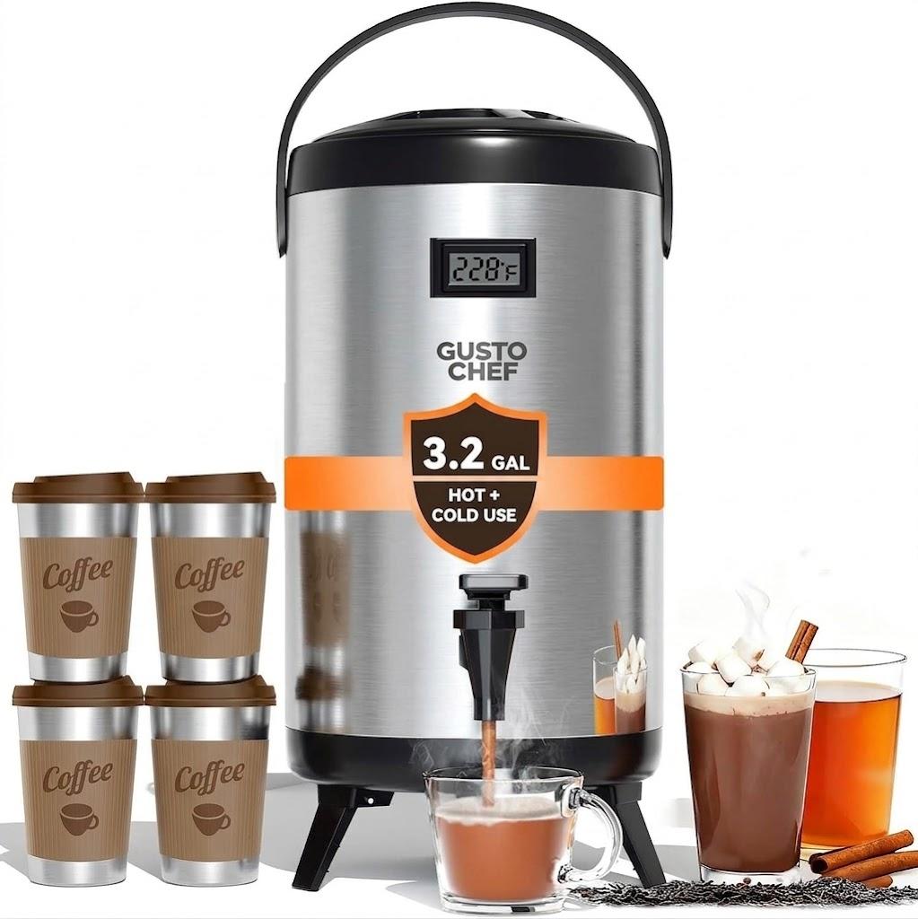 Insulated Beverage Dispenser 3 Gallon,Hot&Cold Drink Dispenser with Spigot,LCD Thermometer,Stainless Steel Triple-Layer Insulation,for Tea Coffee Milk Juice,Party Buffet(Silver, 1 Pack)