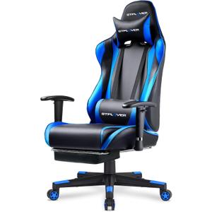 GTPLAYER Gaming Chair with Footrest, Ergonomic Computer Game Desk Chair, Recline Gaming Chair Seat Height Adjustment, Swivel Rocker with Headrest and Lumbar (Blue)