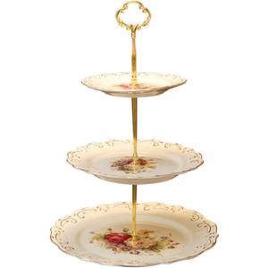 YOLIFE Flowering Shrubs 3 Tiered Cupcake Stand, Emboss Golden Leaves Edge Tea Party Pastry Tower, 6-8-10 inch