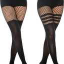 MANZI Faux Thigh High Tights Mock Suspender Pantyhose Striped Goth Fishnets Pack of 2 (One Size, Black-striped/Grid)
