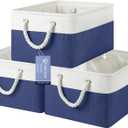 Large Storage Baskets- 15.7x11.8x8.26 inch Storage Bins for Shelves and Closet Organizing, Foldable Fabric Bin for Home Organization Clothes and Laundry (3-Pack, White&Blue)