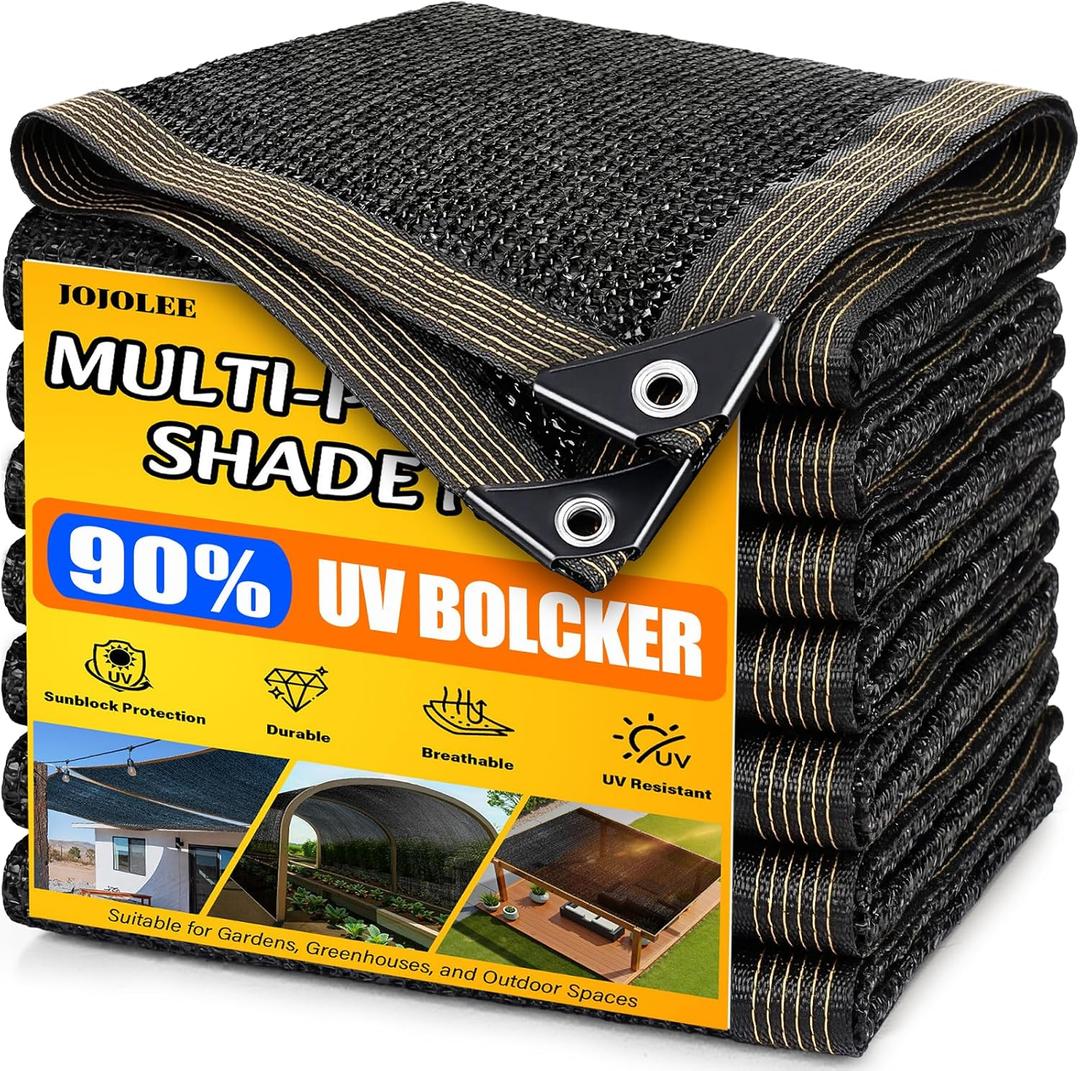 JOJOLEE 90% Sun Shade Cloth, 12x20FT Shade Net Mesh Tarp with Grommets, Black Sunblock Cover for Outdoor Patio Plants, Pergola, Greenhouse, Chicken Coop, Backyard, Balcony
