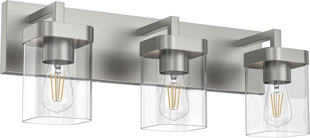 3-Light Bathroom Light Fixtures, Brushed Nickel Vanity Lights for Bathroom, Kitchen, Living Room, Modern Bathroom Vanity Lights with Clear Glass Shades