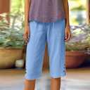 GaoCold Cotton Linen Capri Pants for Women Petite Bermuda Shorts Knee Length Drawstring High Waisted Wide Leg Cropped Pants Casual Summer Beach Vacation Long Shorts Blue L (Blue, L)
