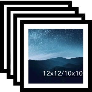 JCJMY 12x12 Picture Frame Set of 4 Black With 10x10 Mat for 30x30cm Diamond Art Painting, Display Photo 10x10 With Mat or 12x12 Without, Wall Hanging Large Frame With Plexiglass, 4 Pack