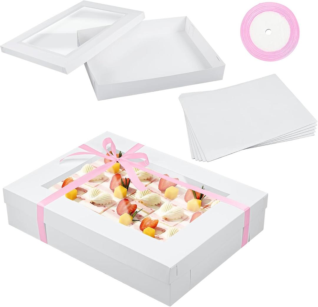 5 Set Full Sheet Cake Box 26 x 18 x 4 Inch with Cake Boards and Pink Satin Ribbon Large Rectangle Bakery Boxes with Window White Bakery Boxes for Packaging Cupcakes Muffins Pie, 26 X 18.5 X 4 Inches