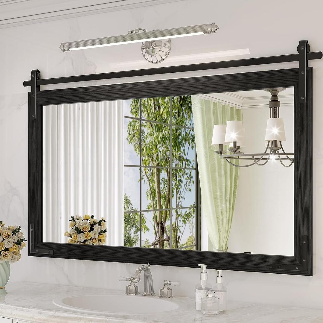 Farmhouse Mirror for Bathroom, 40x26 Inch Black Vanity Mirror for Wall, Wood Framed Rustic Mirror Rectangular Wall Decor Mirrors for Entryway Living Room Bedroom