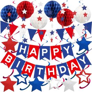 Blue, White & Red Birthday Party Decorations - Happy Birthday Banner, Honeycomb Balls, Star Streamers, Triangle Flags, Perfect for 4th of July & Baseball Parties