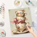 Vintage Teacups Paint by Numbers Kit for Adults - DIY Floral Tea Set with Bow Painting on Canvas 16x20 Inch, Acrylic Paint Set, Suitable for Beginners, Art for Home Decoration or Gifts