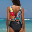 popvil High Waisted Bikini Sets for Women Modest Two Piece Tummy Control Swimsuit Floral Full Coverage Black Bathing Suit (Large)