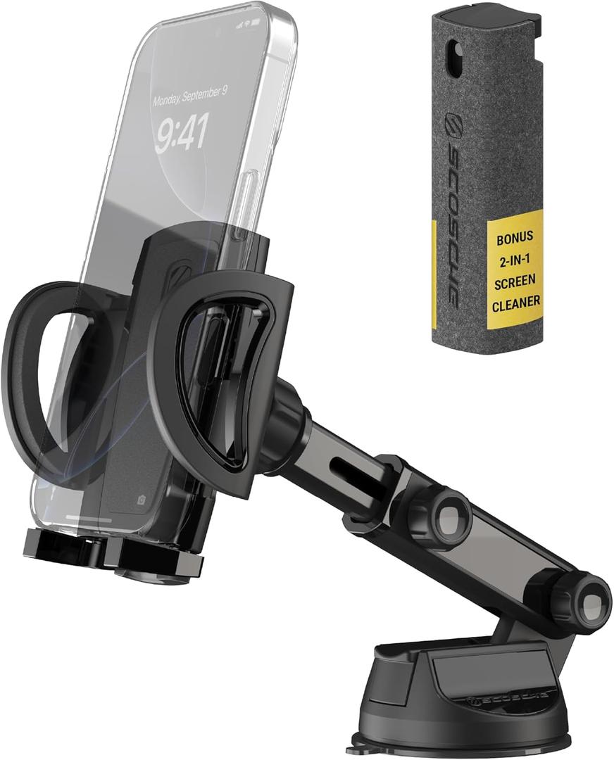 Scosche UH2WDEXCLN Universal Hands Free Phone Mount for Car Windshield/Dashboard, Suction Cup Cell Phone Holder with 360 Rotation, Includes Screen Cleaner, Stand Compatible with iPhone and Android (1 Pack)