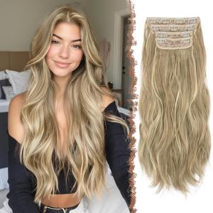 FESHFEN Clip in Hair Extensions for Women - 4 Pcs Thick Double Weft Long Wavy Soft Synthetic Blends Well Hair Extension, 24 inch Caramel Brown & Beige Blonde