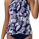 SUUKSESS Women Tummy Control Tankini Bathing Suit Ruffle High Waisted Swimsuit (Large, 60 Navy Blue Floral)