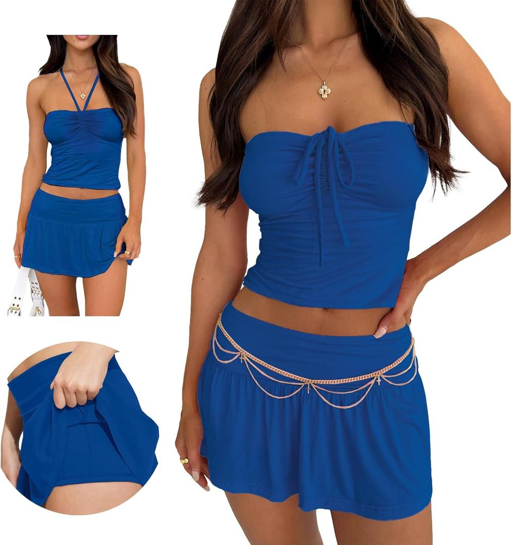 Hafailia Summer Two Piece Outfits for Women Y2K Going Out Tie Ruched Tube Crop Tops Low Rise Pleated Mini Skort Skirt Sets (Small, Blue)