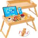 Greenual 2 Pack Bed Tray Table with Handles Folding Legs, Bamboo Breakfast Food Tray with Media Slot, Use As Platter, Laptop Desk, Snack, TV Tray Kitchen Serving Tray(Natural)